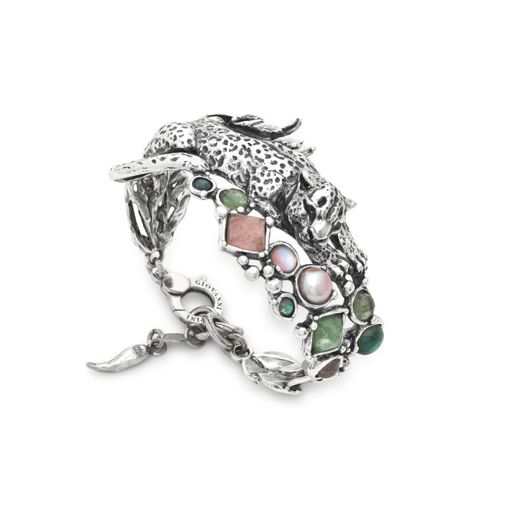 Giovanni Raspini Leoparden-Dschungel-Armband Armband aus 925er Silber, Naturquarz, Perlmutt und Perlen 12629