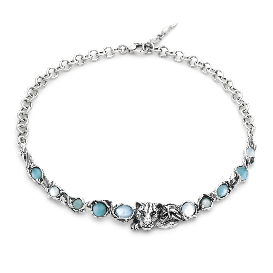 Giovanni Raspini Blue Jaguar Halskette – Halskette aus 925er Silber, Perlmutt, Bergkristall und Quarz – 12680