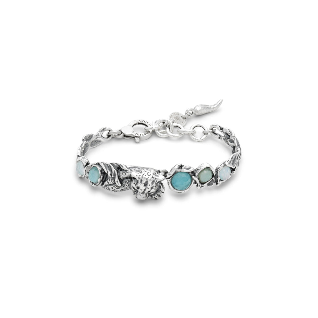 Giovanni Raspini Blaues Jaguar-Armband – Armband aus 925er Silber, Perlmutt, Bergkristall und Quarz – 12684