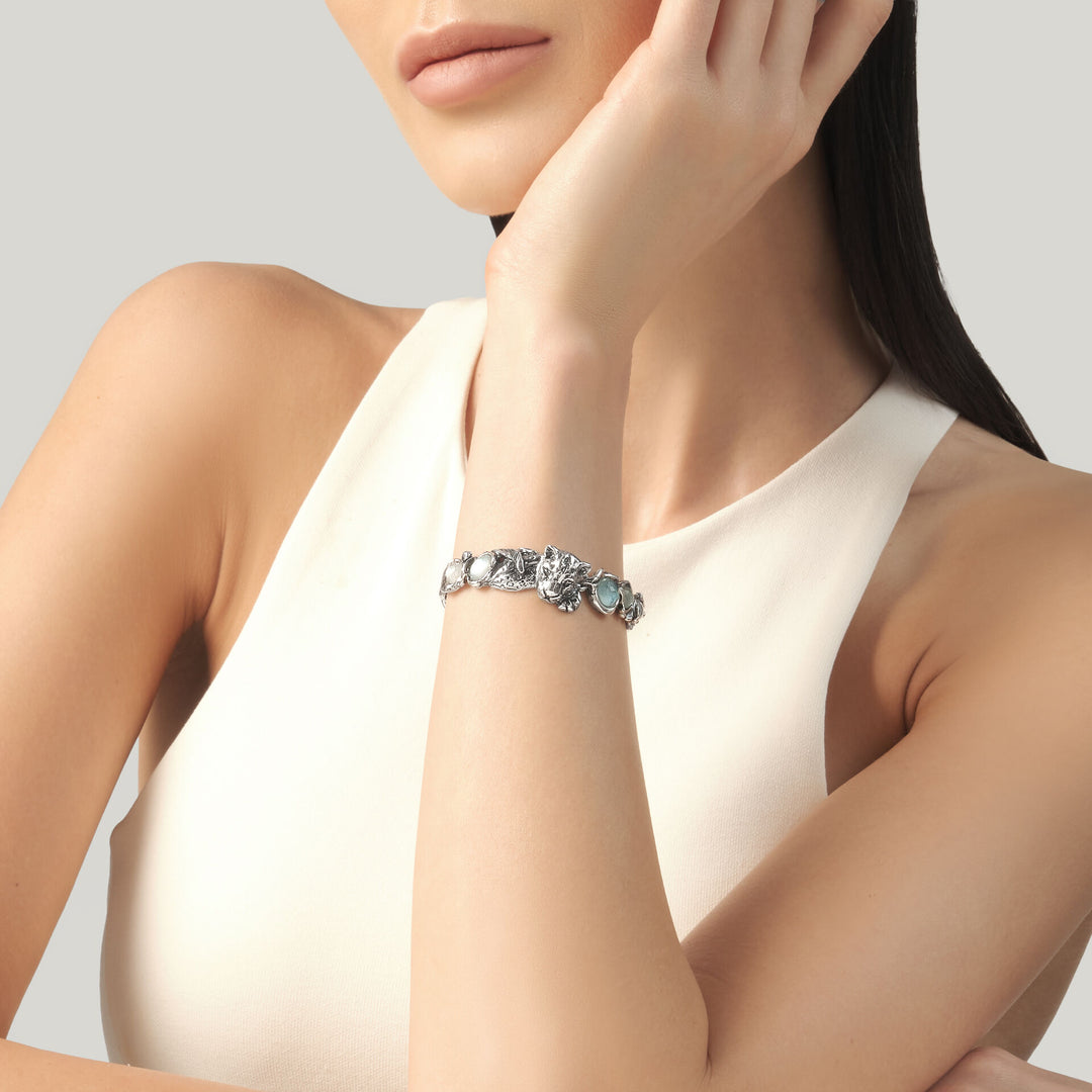 Giovanni Raspini Blaues Jaguar-Armband – Armband aus 925er Silber, Perlmutt, Bergkristall und Quarz – 12684