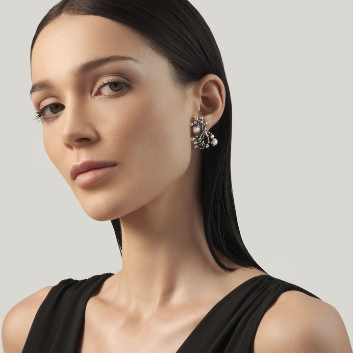 Giovanni Raspini Large Aura Earrings - Earrings in 925 Silver, natural pearls and onyx - 12687
