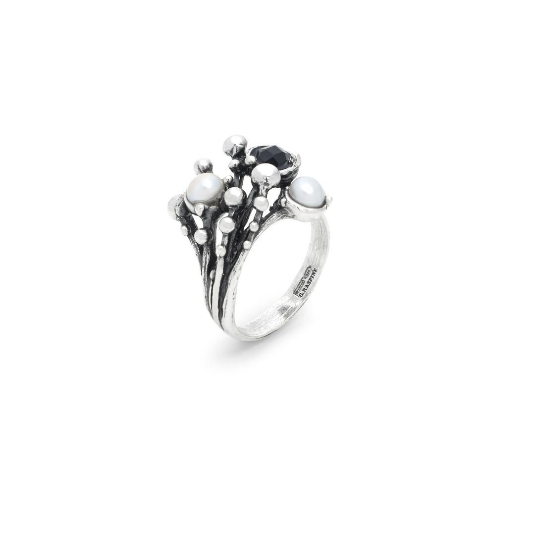 Giovanni Raspini Aura Ring - 925 Silver Ring, natural pearls and onyx - 12689