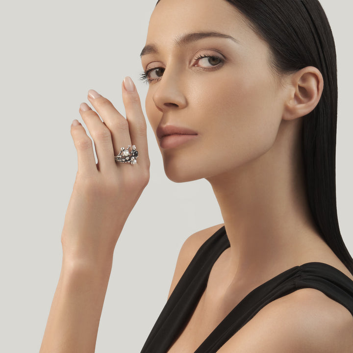 Giovanni Raspini Aura Ring - 925 Silver Ring, natural pearls and onyx - 12689