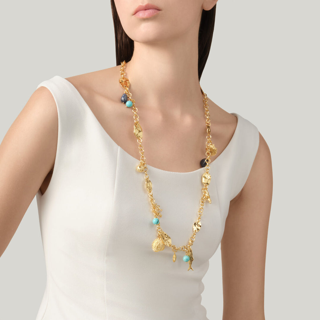 Giovanni Raspini lange grand bleu ketting 18kt vergulde ketting met lapis lazuli en aulite N0072