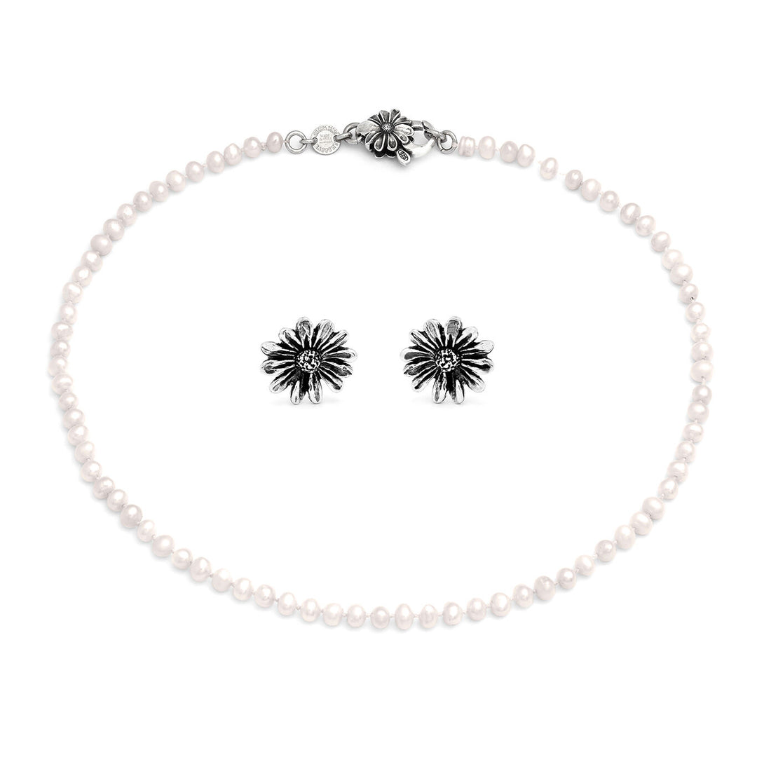 Giovanni Raspini Set Gänseblümchen Halskette und Ohrringe aus 925er Silber und Naturperlen X01609