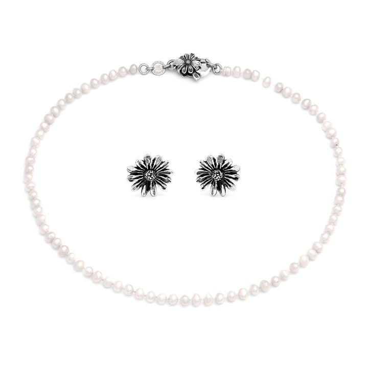 Giovanni Raspini Set Gänseblümchen Halskette und Ohrringe aus 925er Silber und Naturperlen X01609