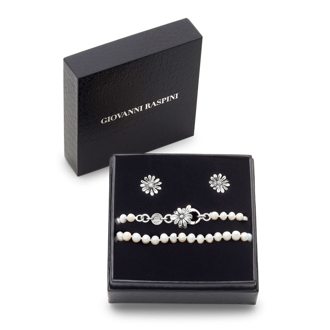 Giovanni Raspini Set Gänseblümchen Halskette und Ohrringe aus 925er Silber und Naturperlen X01609