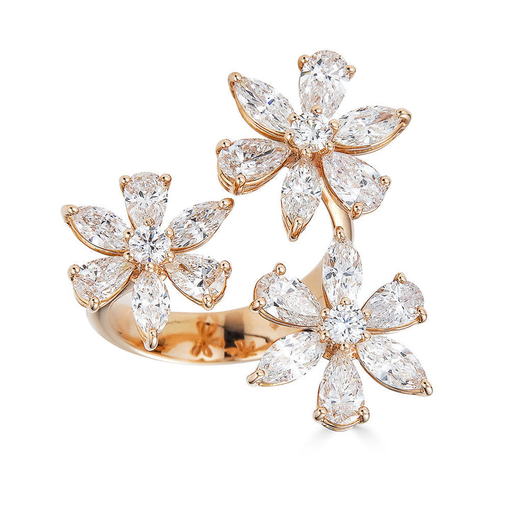 Zydo drievoudige bloemenring met peer, marquise en ronde diamanten roségoud 53613