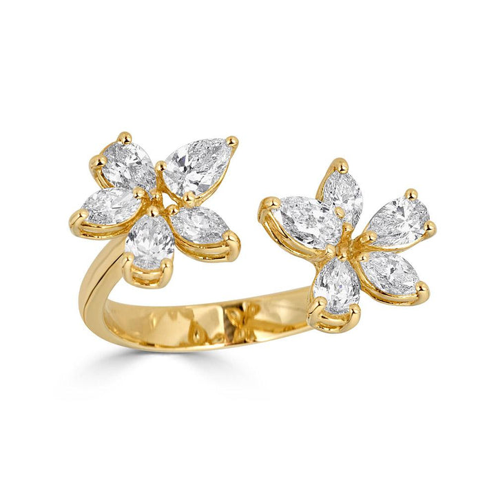 Zydo bloemvormige ring met dubbel element en fancy geslepen diamanten in geelgoud 55308