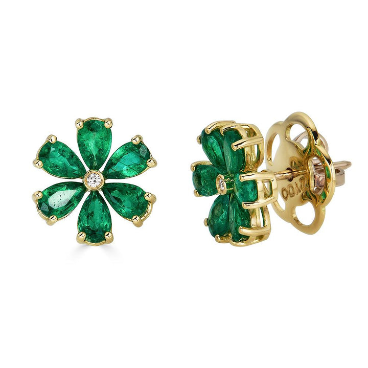 Blumenförmige Zydo-Ohrringe mit farbigen Edelsteinen und Diamanten in Smaragdgelbgold 62176