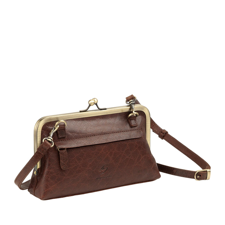 Nuvola Pelle damestas van echt vintage buffelleer met kliksluiting en verstelbare afneembare schouderband - kleine elegante retro handtas