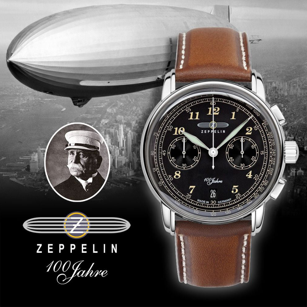 Zeppelin-Uhr 100 Jahre Zeppelin Chrono 42 mm schwarzer Quarzstahl 7674-3