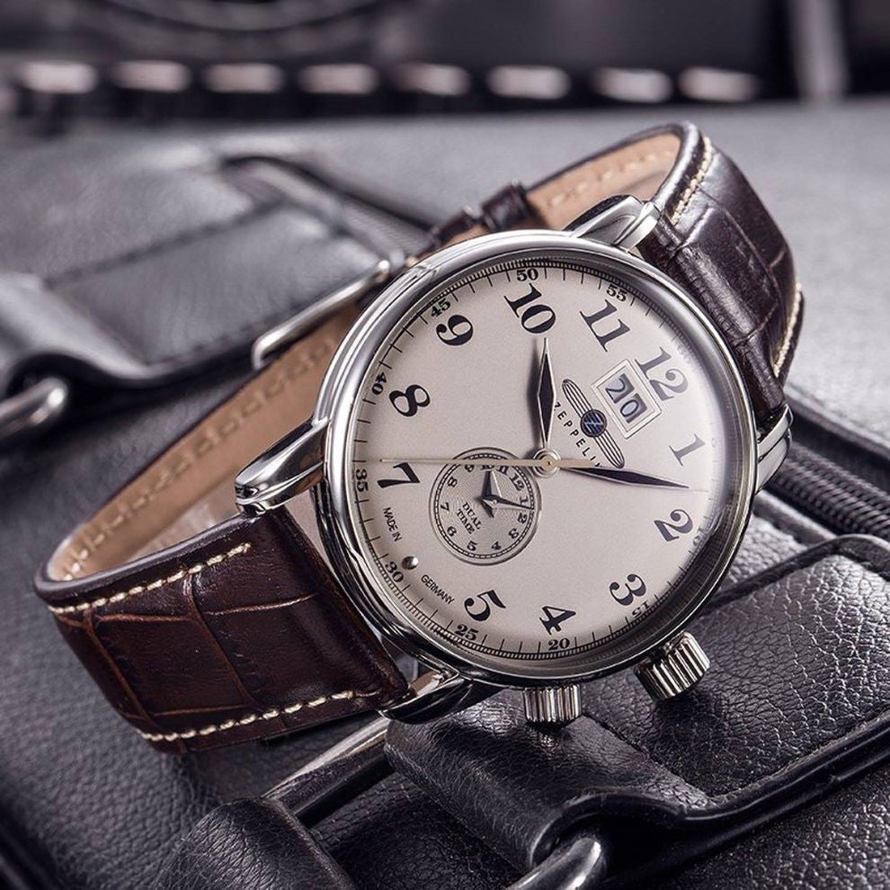 Zeppelin horloge LZ127 Graf Dual Time 42mm beige quartz staal 7644-5