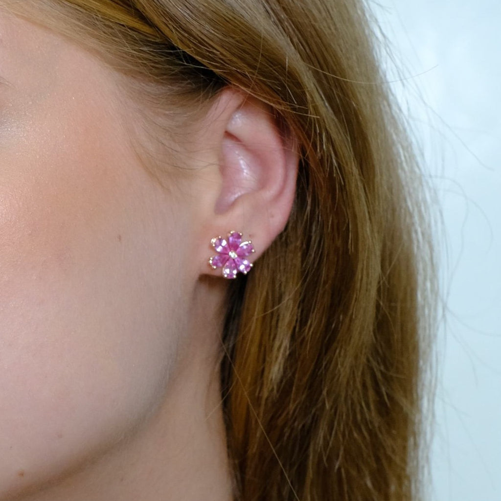 Zydo bloemvormige oorbellen met gekleurde edelstenen en diamanten roségoud roze saffier 62225