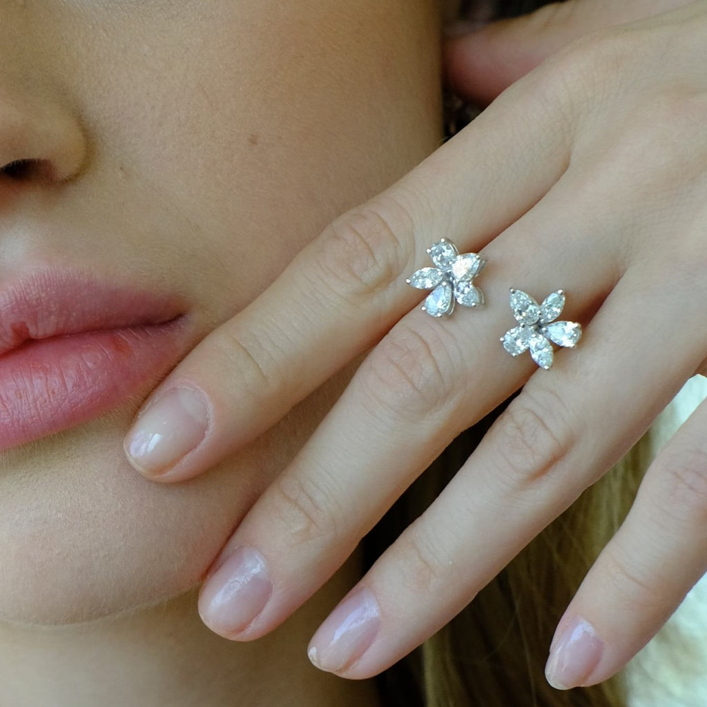 Zydo ring met dubbel element met bloem en fancy geslepen diamanten witgoud 54930
