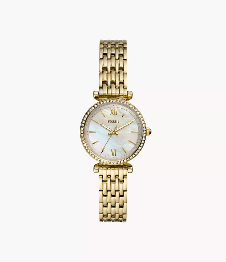 Fossile Uhr Carlie Mini Mini 28 mm Perlmutt Quarzstahl PVD-Finish Gelbgold ES4699