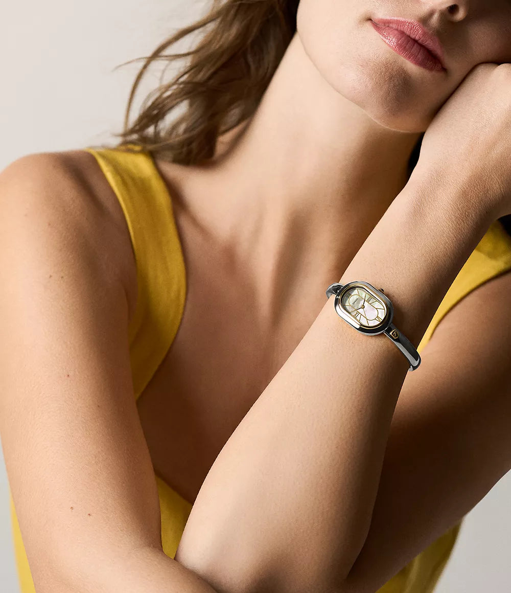 Fossil horloge Sloan 25 mm parelmoer kwartsstaal PVD afwerking geelgoud ES5455