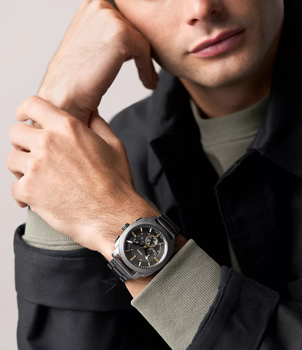 Fossil Machine Chrono horloge 44 mm grijs quartz staal PVD gunmetal afwerking FS6160