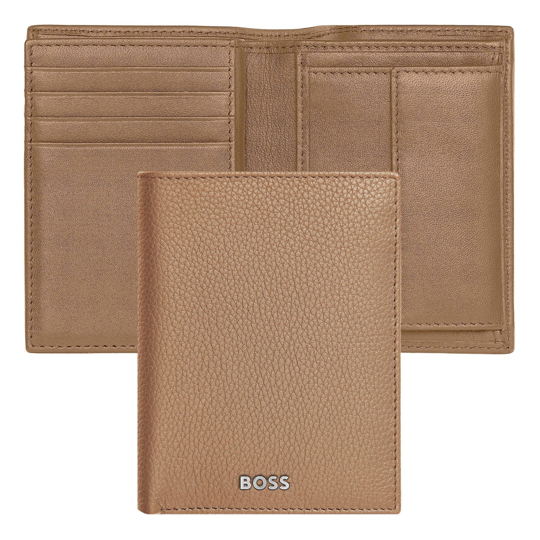Hugo Boss Kartenetui mit Klappe und Geldfach, klassisches genarbtes Kamelholz HLG416X