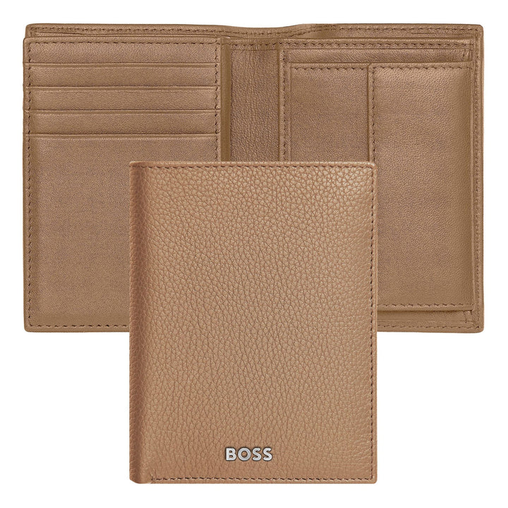 Hugo Boss Kartenetui mit Klappe und Geldfach, klassisches genarbtes Kamelholz HLG416X
