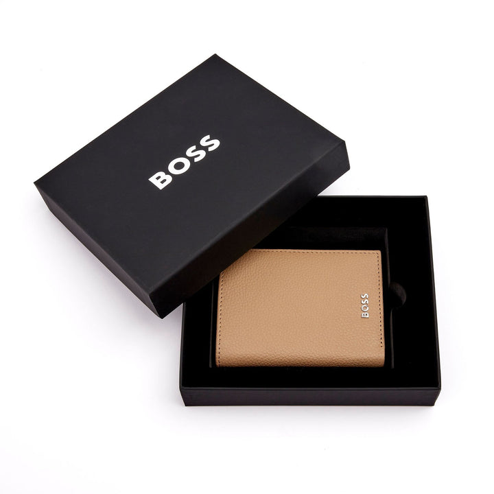 Hugo Boss Kartenetui mit Klappe und Geldfach, klassisches genarbtes Kamelholz HLG416X