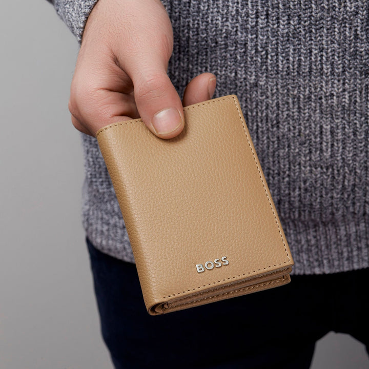 Hugo Boss Kartenetui mit Klappe und Geldfach, klassisches genarbtes Kamelholz HLG416X