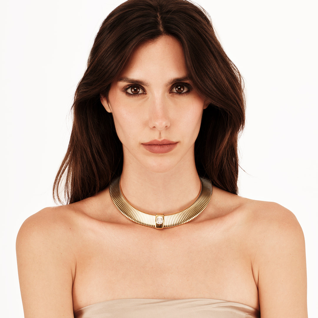 Breil Stylize choker ketting van staal, IP-goud afgewerkt met zirkonia TJ4049