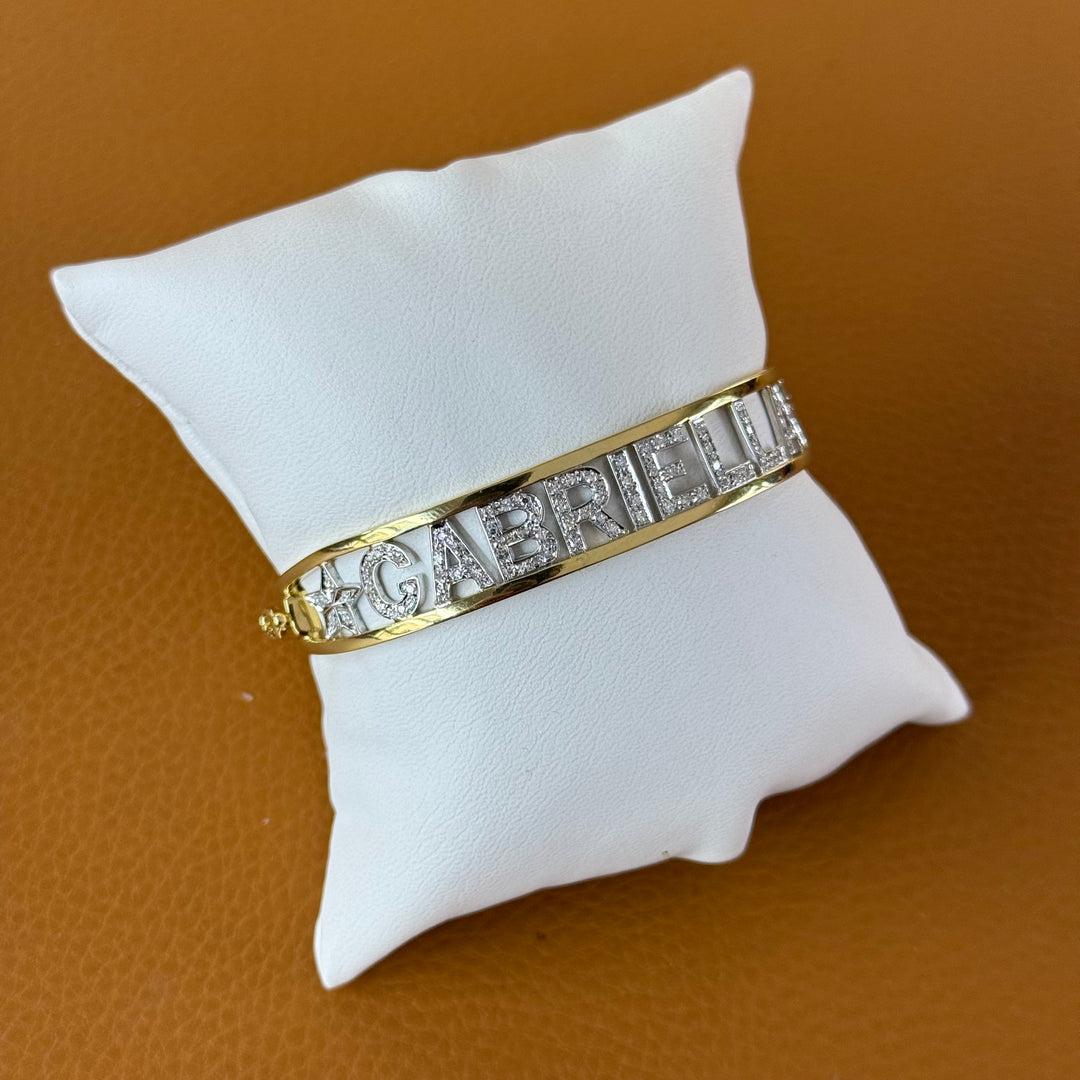 Yellow gold and diamond bracelet with GABRIELLA writing