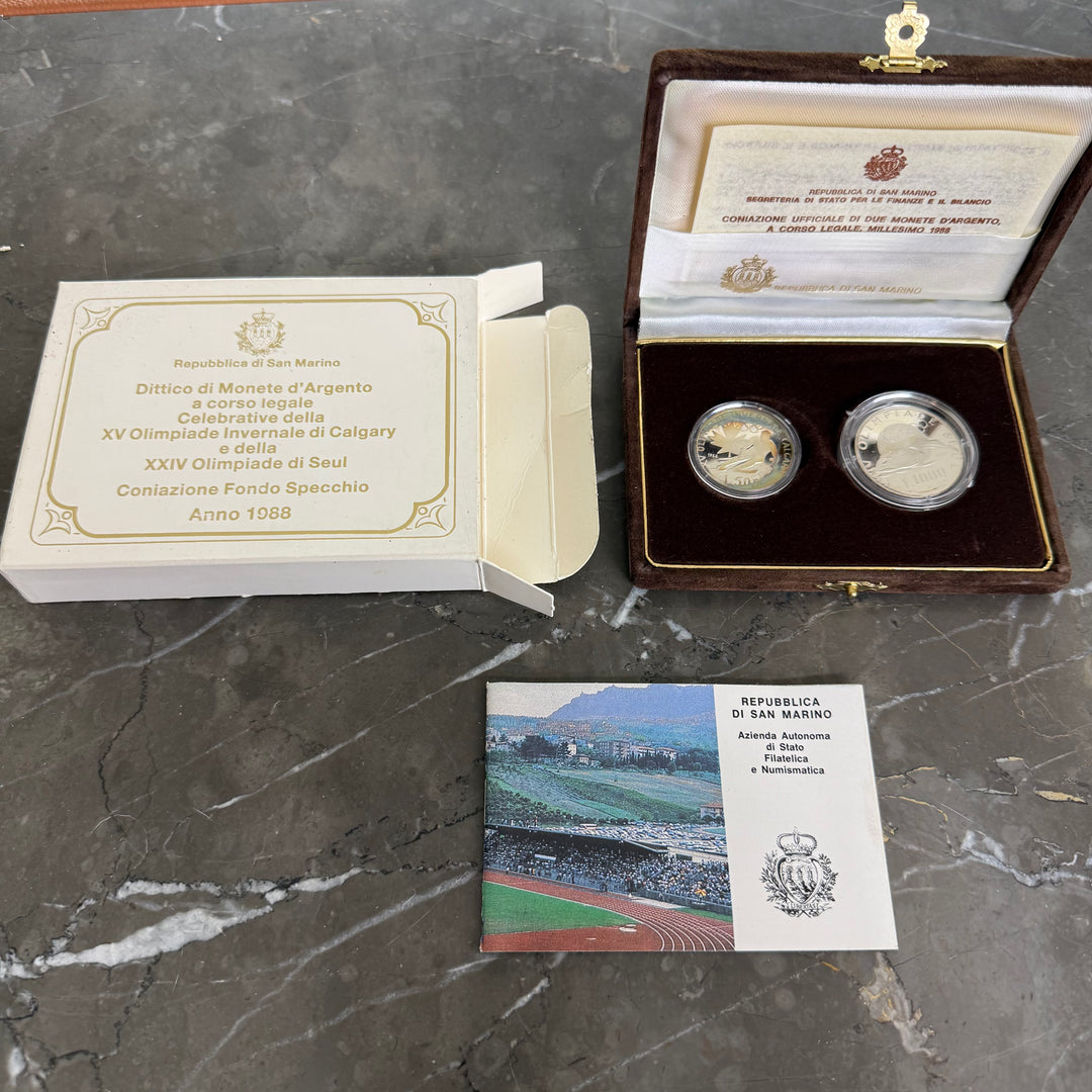 Silbermünzen Republik San Marino XV. Olympische Winterspiele in Calgary und XXIV. Olympische Winterspiele in Seoul 1988