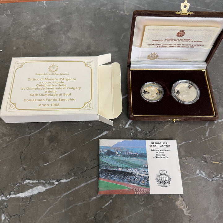 Silbermünzen Republik San Marino XV. Olympische Winterspiele in Calgary und XXIV. Olympische Winterspiele in Seoul 1988
