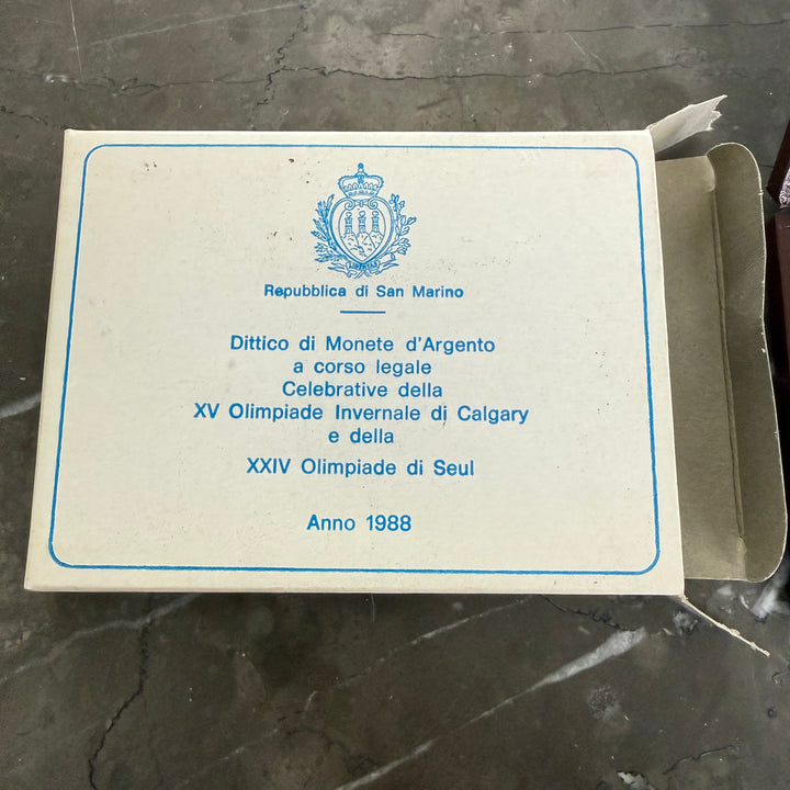 Zilveren munten Republiek San Marino XV Olympische Winterspelen van Calgary en XXIV Olympische Spelen van Seoul 1988