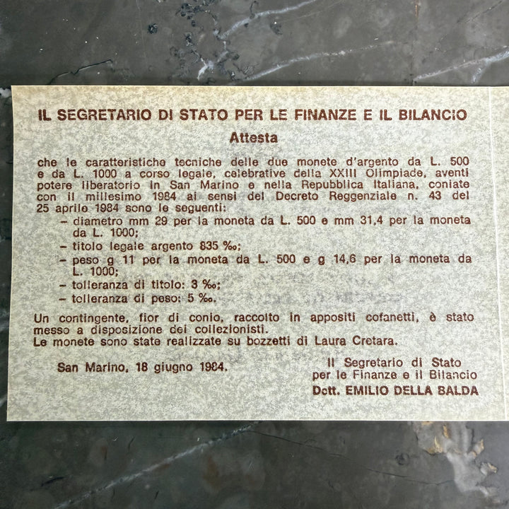 Silbermünzen 500 1000 Lire Republik San Marino XXIII. Olympische Spiele 1984