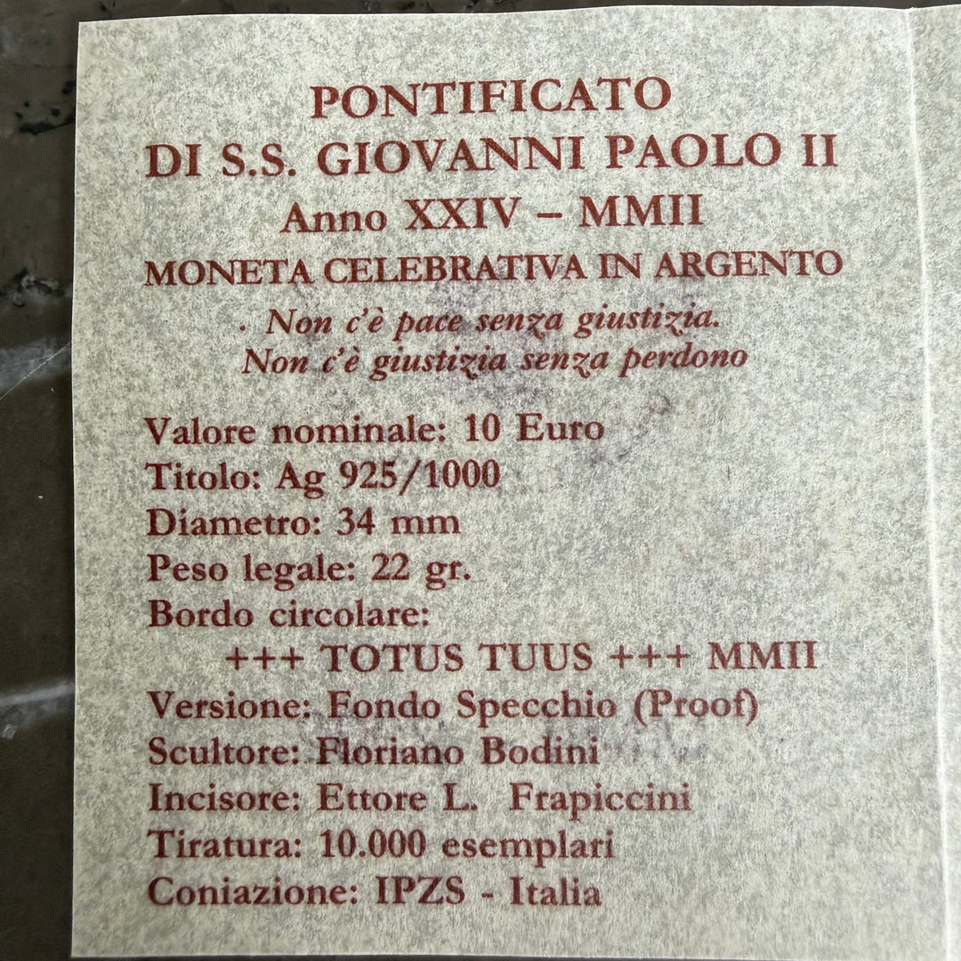 Silbermünze 10€ Pontifikat Seiner Heiligkeit Johannes Paul II. Jahr XXIV 2002