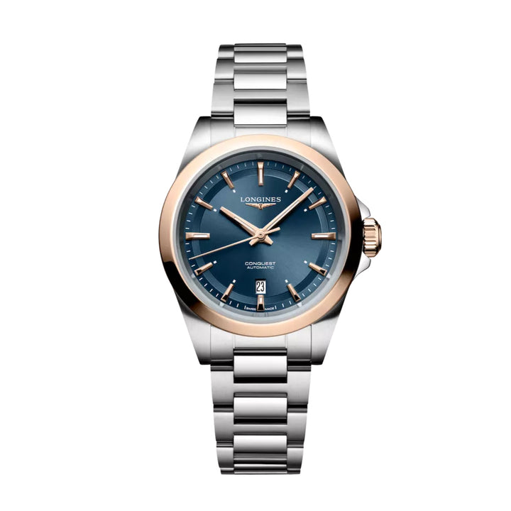 Longines horloge Conquest 30mm blauw automatisch staal PVD afwerking rosé goud L3.320.5.92.6