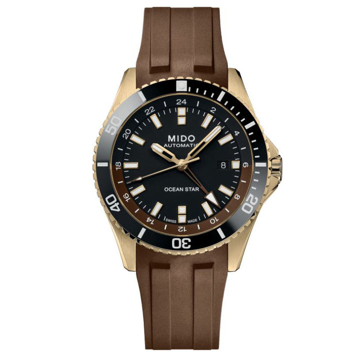 Mido-Uhr Ocean Star GMT 44 mm, schwarzer Automatikstahl, PVD-Gelbgold-Finish M026.629.37.291.00