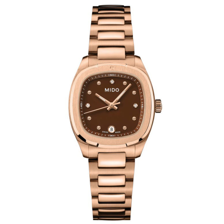 Mido Multifort TV 28 mm bruin quartz staal rosé goud PVD afwerking M049.110.33.296.00