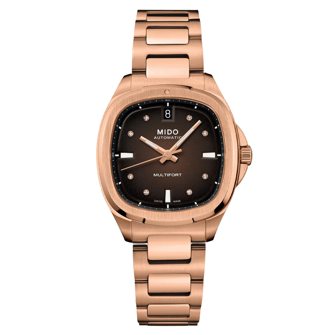 MIDO Multioft TV 35mm Bruine tv Automatische diamanten stalen afwerking PVD Gold Rosa M049.307.33.296.00 uur