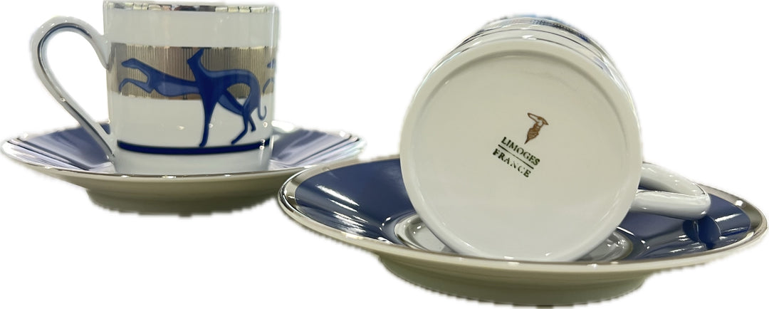 Trussardi-Set mit 2 Kaffeetassen mit Zuckerdose aus Limoges-Porzellan, Platin-Finish LEVRIERI_BLU