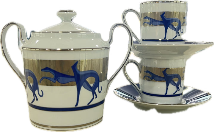 Trussardi-Set mit 2 Kaffeetassen mit Zuckerdose aus Limoges-Porzellan, Platin-Finish LEVRIERI_BLU