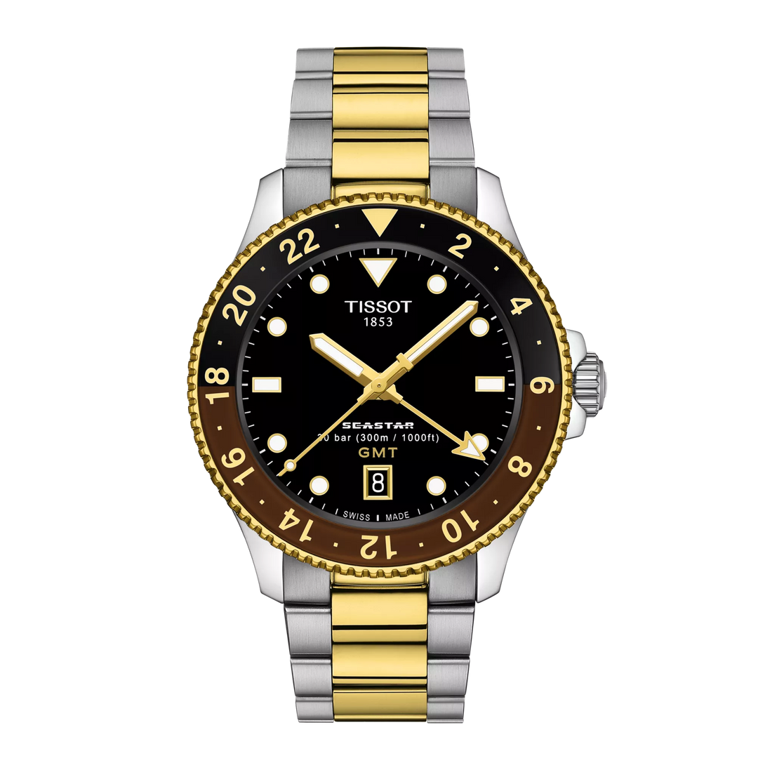 Tissot SeaStar 1000 GMT Kijk 40 mm zwarte kwarts stalen afwerking PVD Gold Gold T120.852.22.051.00