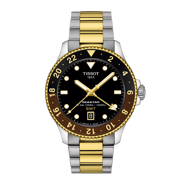 Tissot SeaStar 1000 GMT Kijk 40 mm zwarte kwarts stalen afwerking PVD Gold Gold T120.852.22.051.00