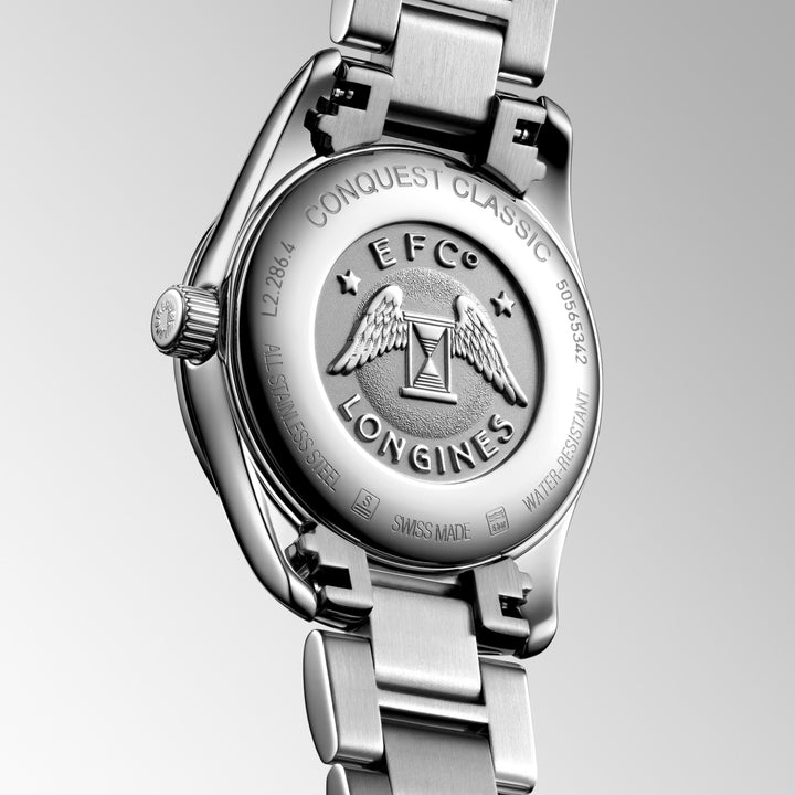 Longines Conquest Classic horloge 29 mm parelmoer diamanten quartz staal L2.286.4.87.6