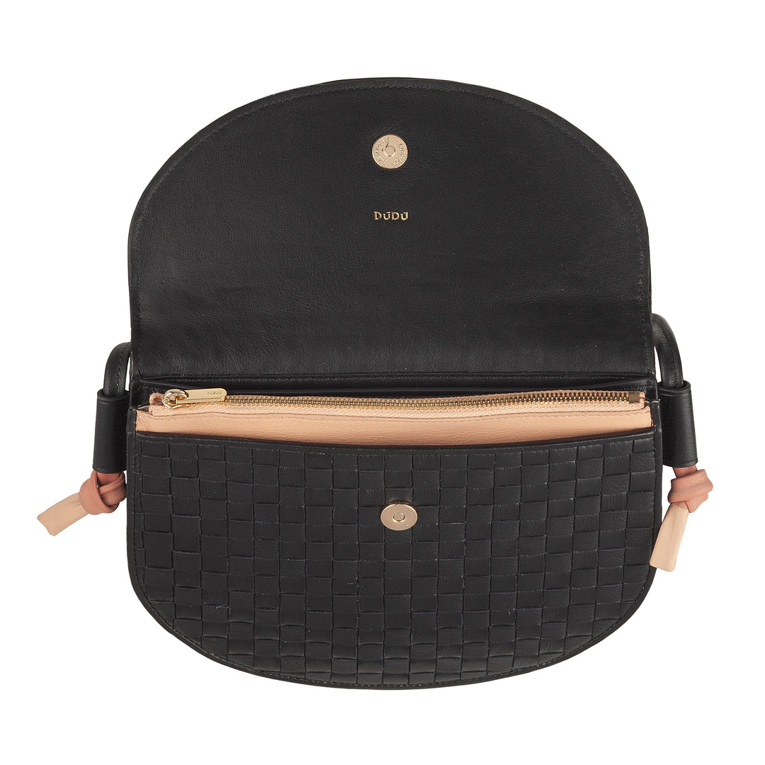 DUDU Small Woven Shoulder Bag in Genuine Leather with Flap - Elegant Handcrafted Women&