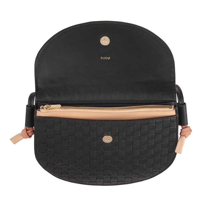 DUDU Small Woven Shoulder Bag in Genuine Leather with Flap - Elegant Handcrafted Women&