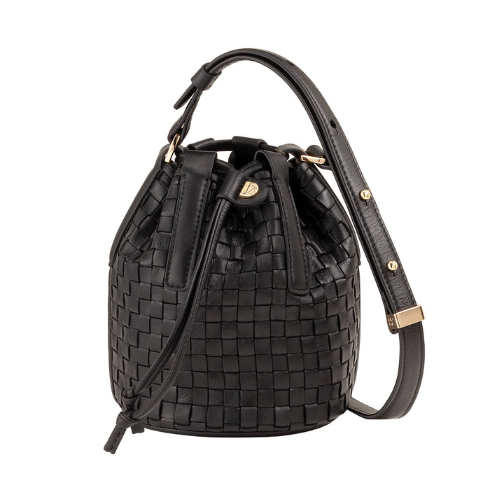 DUDU geweven leren emmertas - kleine dameshandtas met verstelbare schouderriem, trekkoord en interne clutch, elegant en vakmanschap