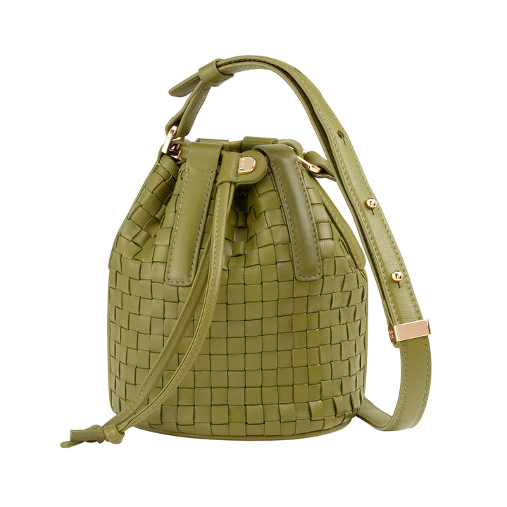 DUDU geweven leren emmertas - kleine dameshandtas met verstelbare schouderriem, trekkoord en interne clutch, elegant en vakmanschap