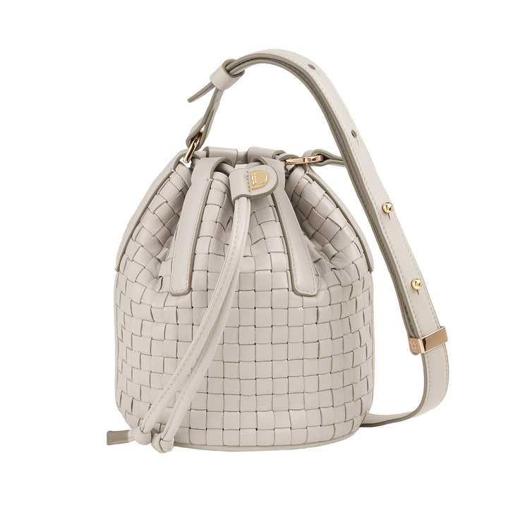 DUDU geweven leren emmertas - kleine dameshandtas met verstelbare schouderriem, trekkoord en interne clutch, elegant en vakmanschap