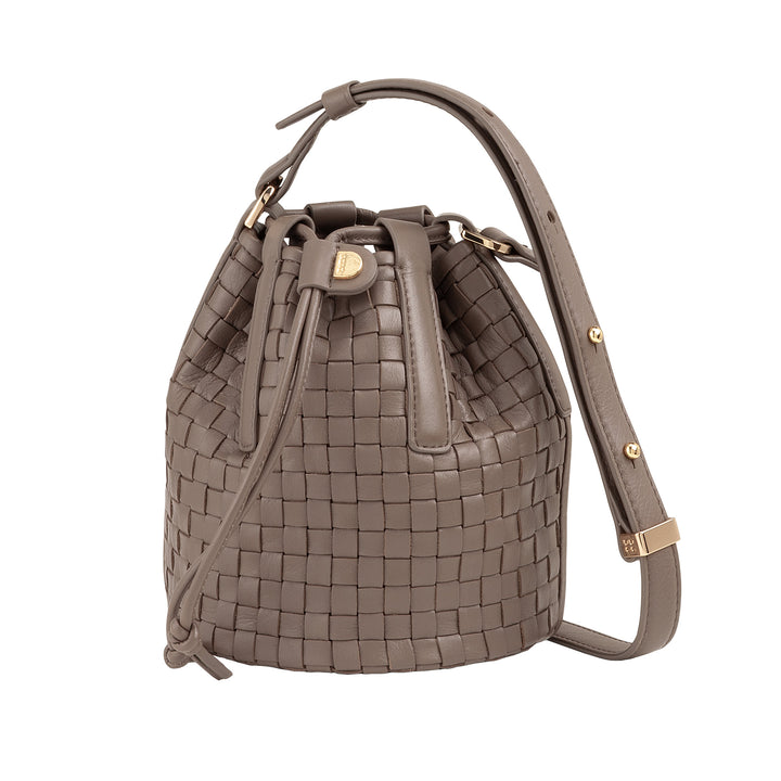 DUDU geweven leren emmertas - kleine dameshandtas met verstelbare schouderriem, trekkoord en interne clutch, elegant en vakmanschap