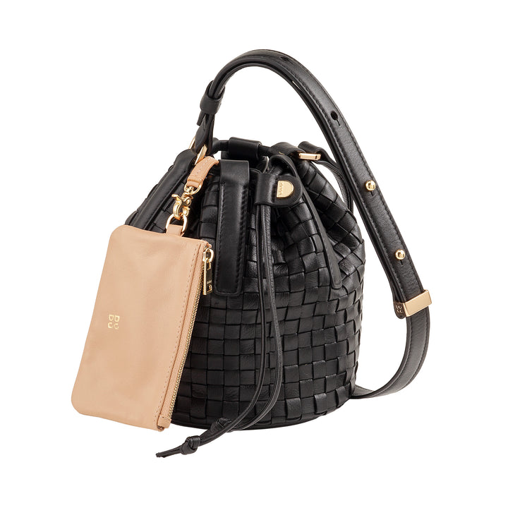 DUDU geweven leren emmertas - kleine dameshandtas met verstelbare schouderriem, trekkoord en interne clutch, elegant en vakmanschap