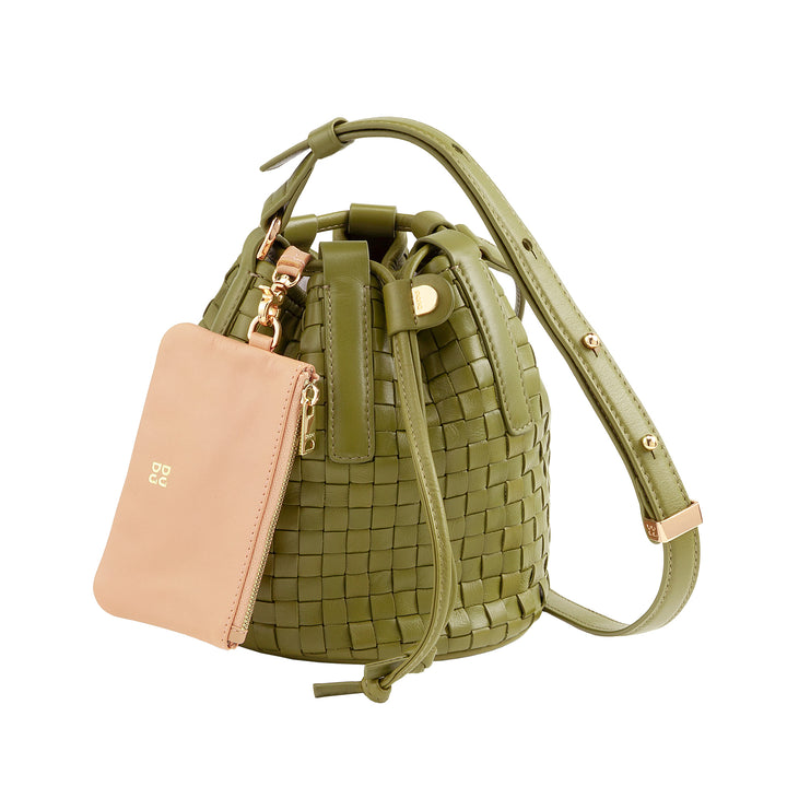 DUDU geweven leren emmertas - kleine dameshandtas met verstelbare schouderriem, trekkoord en interne clutch, elegant en vakmanschap